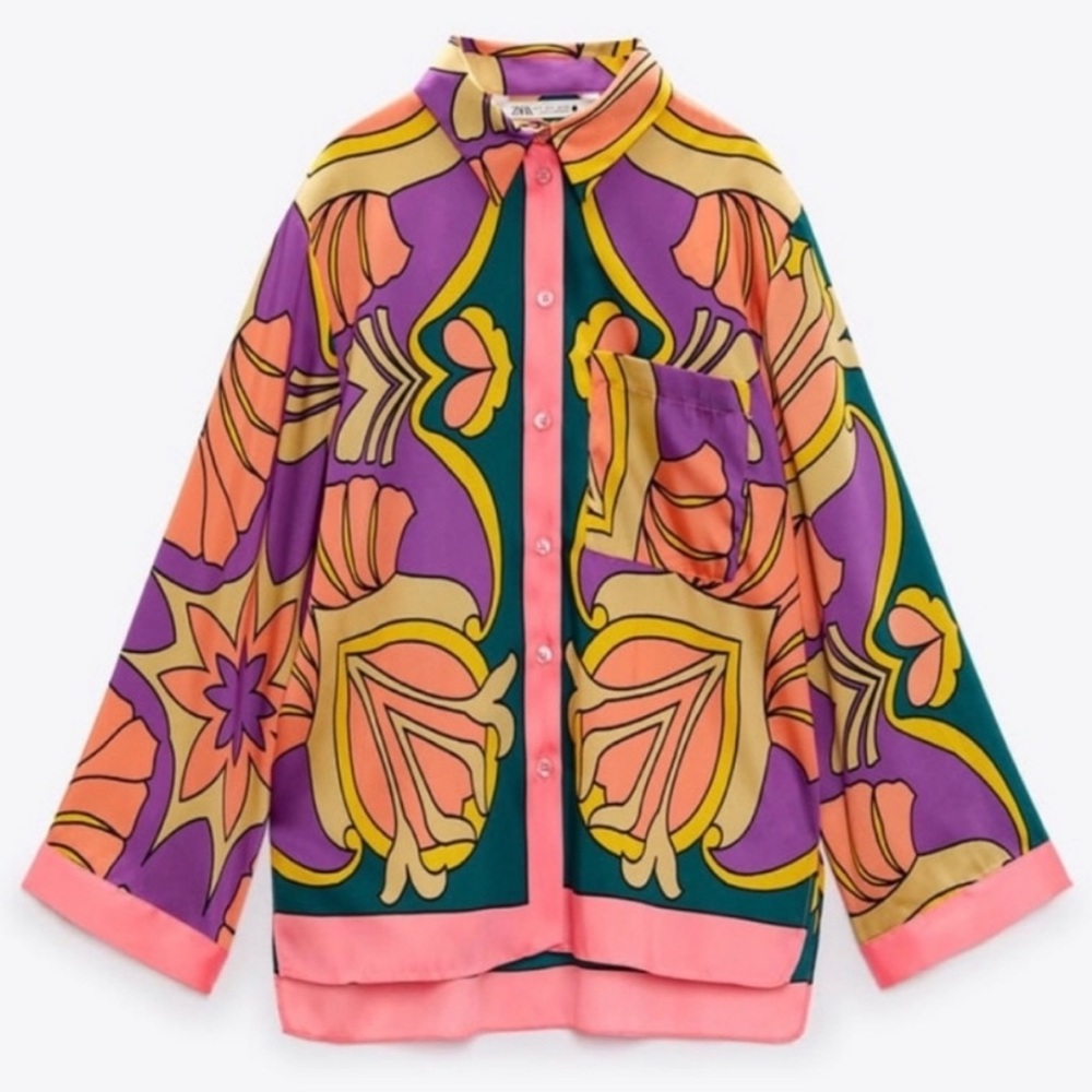 SMALL Women’s Zara Floral Printed Pocket Resort-wear Bright Pink Purple Shirt